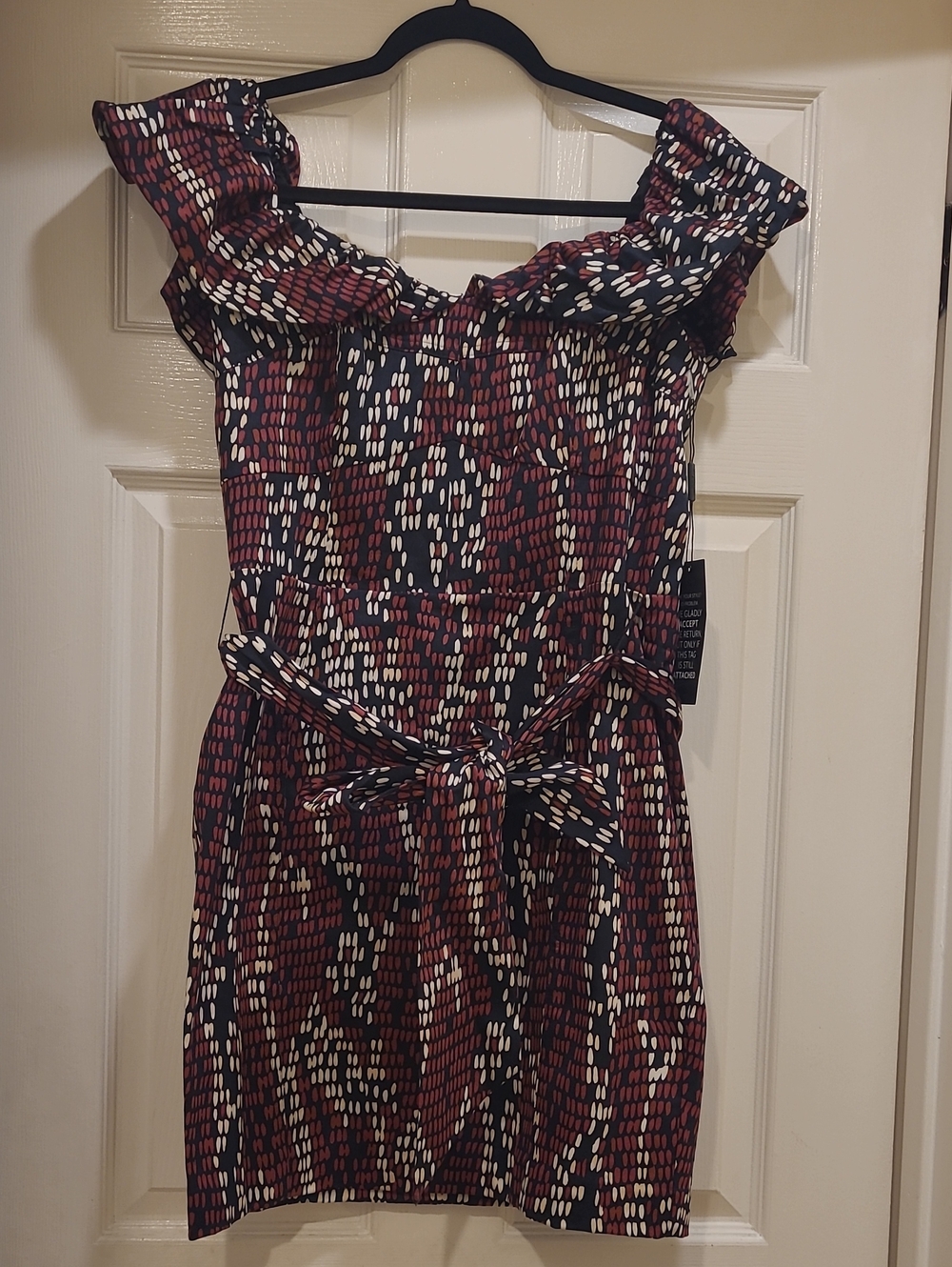 White House Black Market Off-Shoulder Patterned Belted Dress in Burgundy